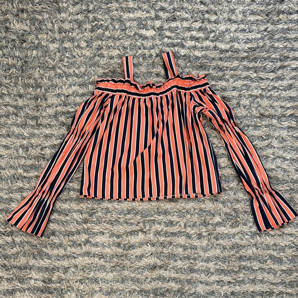NWOT! Topshop Coral and Navy Striped Blouse, Size 2 - Picture 2 of 4